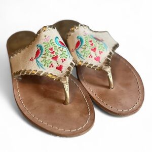 Jack Rogers Embroidered Peacock Sandals with Gold Accents